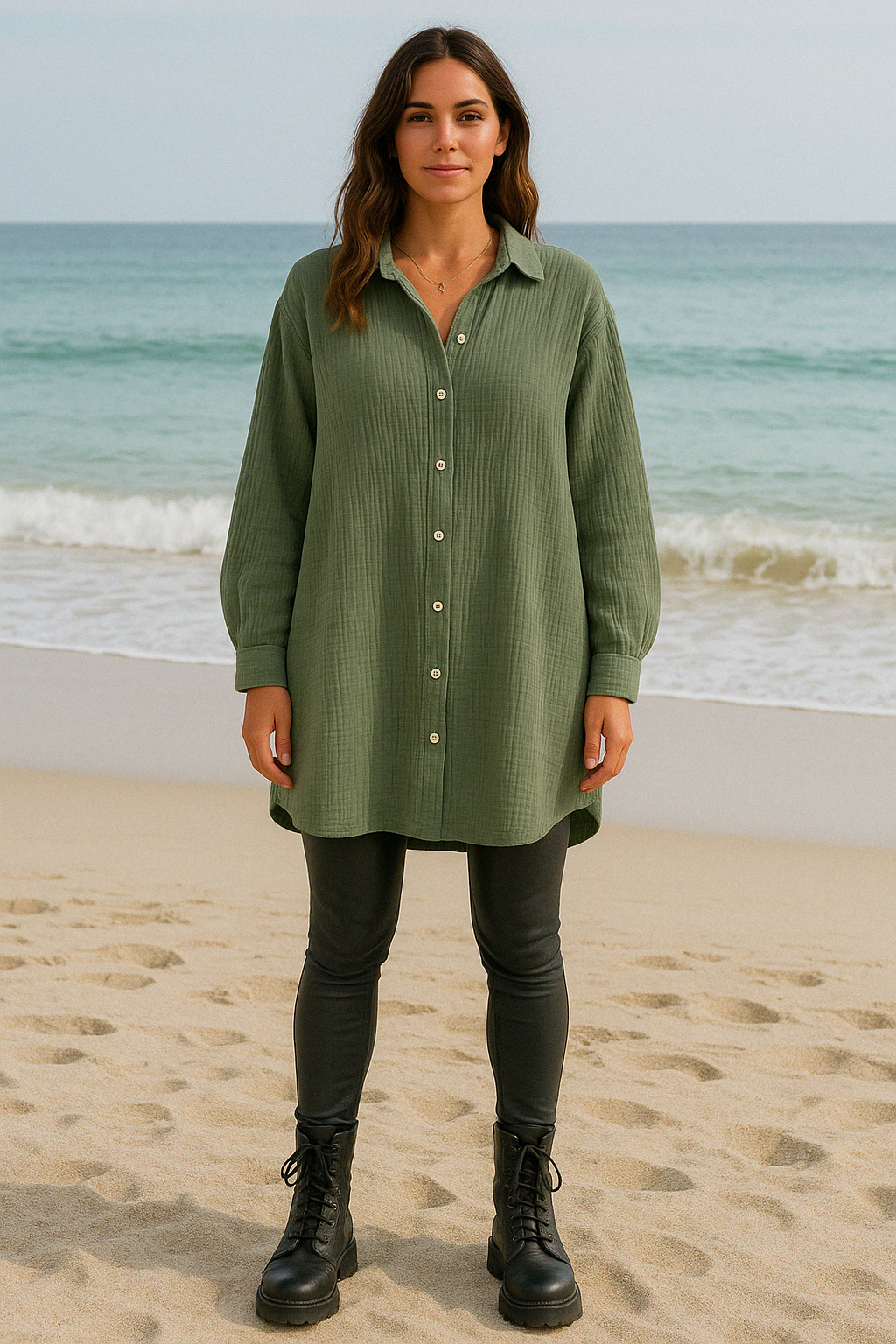 Chemise en gaze de coton femme Kaki